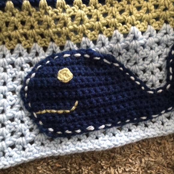 Hand made afghan/baby blanket. Blues and greens. With a whale on the bottom. - Picture 2 of 3